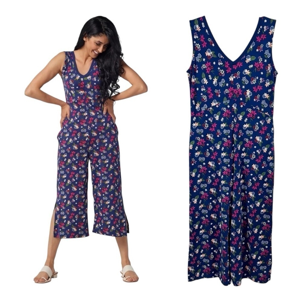 Cuddl Duds Floral Blue Flexwear V-Neck Wide Leg Jumpsuit Romper| Jumpsuit size S